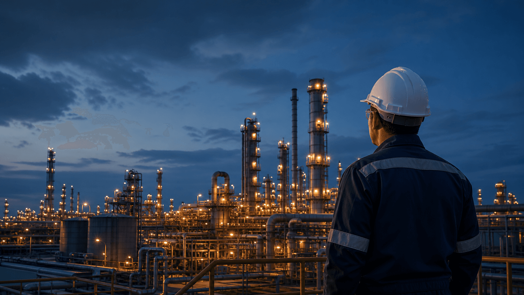 Industrial electrical engineer overlooking an illuminated process plant at dusk.